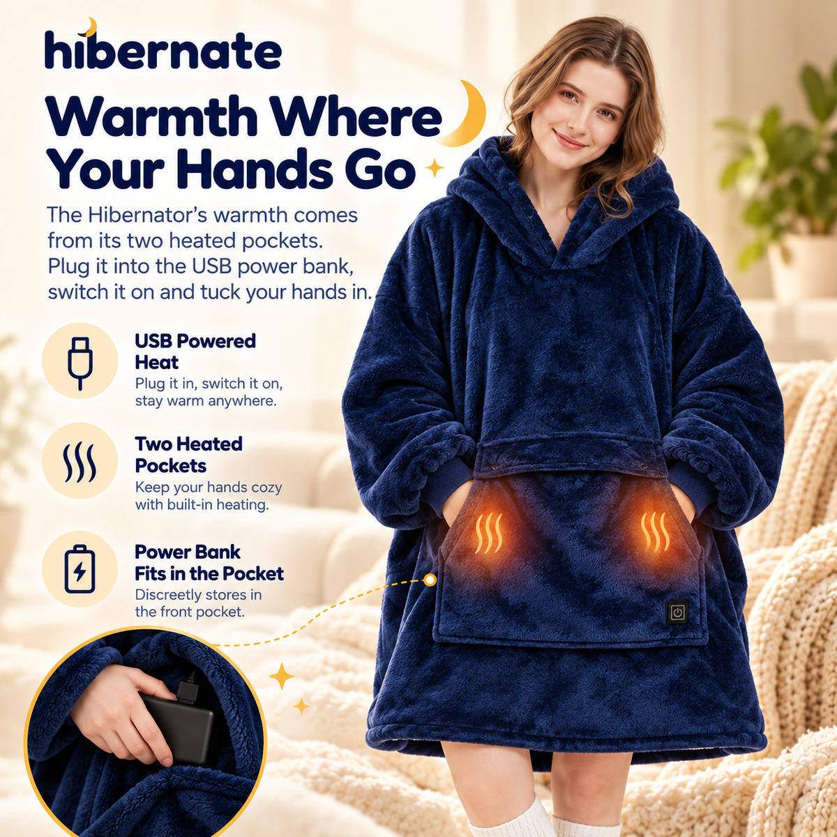Warmth where your hands go: two heated pockets and a power bank pocket
