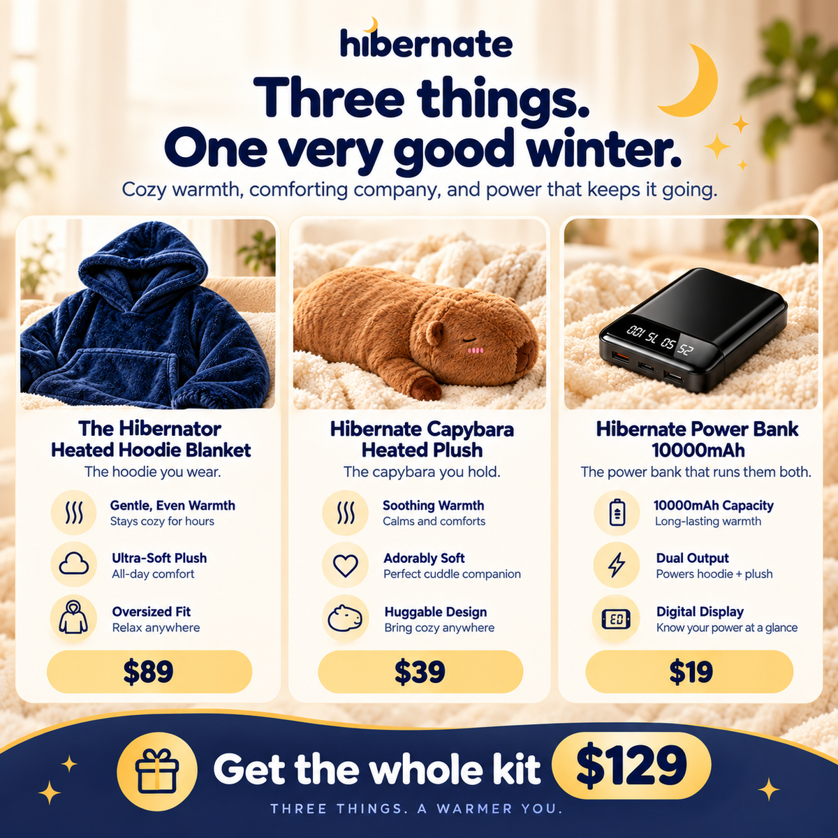 The Hibernator hoodie, the capybara plush and the power bank, side by side