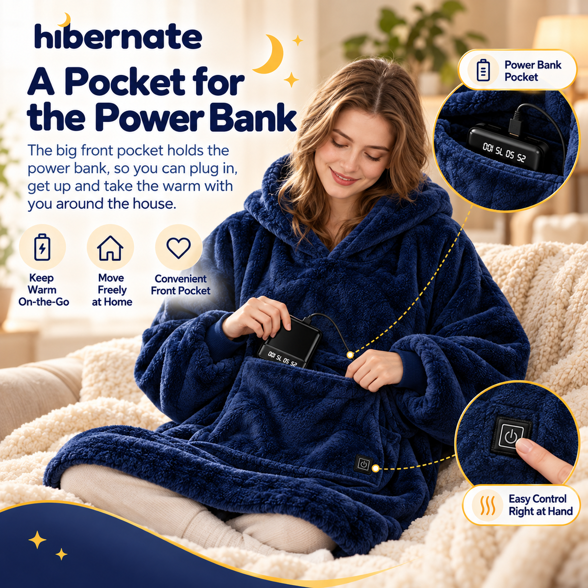 The big front pocket holds the power bank so you can move around the house